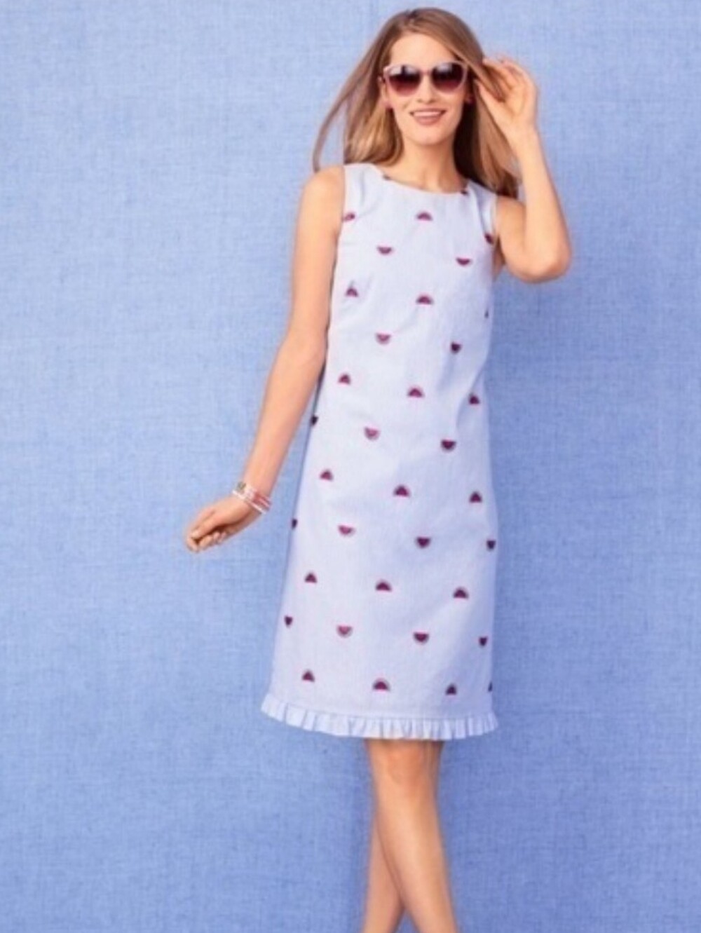 Talbots Blue & White Seersucker Embroidered Watermelon Print Shift Dress Sz 12p